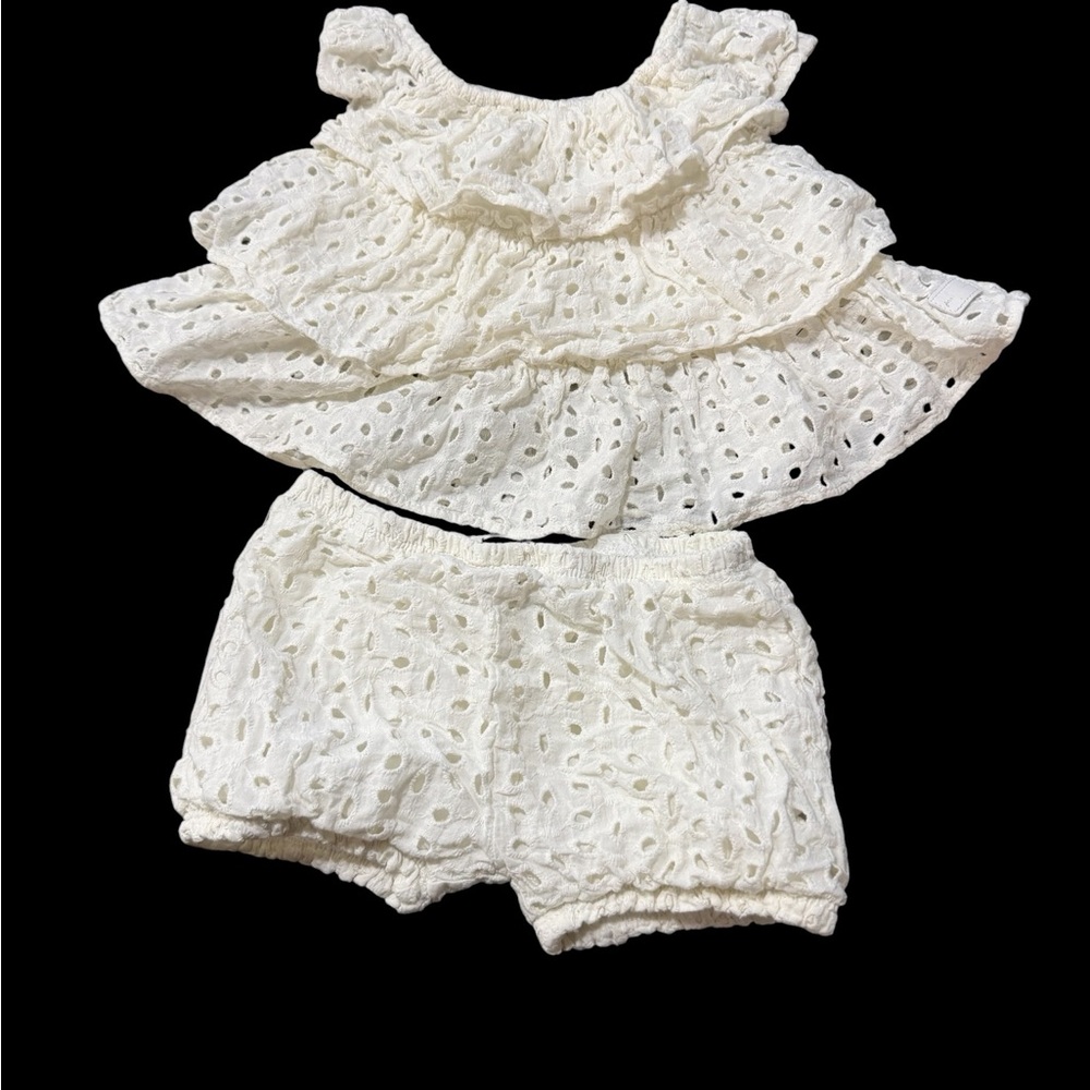 7 For All Mankind Cream Eyelet Ruffle Baby Top and Bloomers. Gently Used